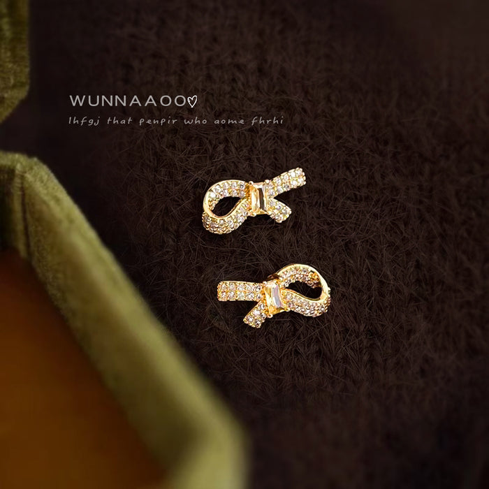Gold Bow Stud Earrings Paved Clear Crystals Yellow Center