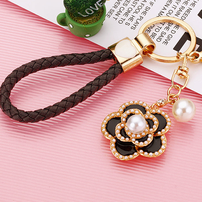 Pearl Rose Keychains in Pink Black and White with Braided and Plain Loops