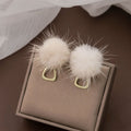 Beige Fur Pom Pom Stud Earrings with Gold Open D Ring view 2