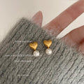 Matte Gold-Tone Heart Stud Earrings White Pearl Drops view 1