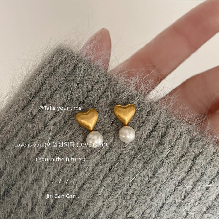 Matte Gold-Tone Heart Stud Earrings White Pearl Drops