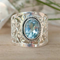 Aqua Oval Stone Filigree Wide Ring In Polished Silver Tone view 4