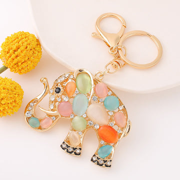 Multicolor Cat Eye Stone Elephant Keychain Gold Metal Charm