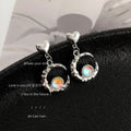 Silver Heart Stud Moon Drop Earrings Iridescent Orb Accents view 1