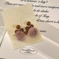 Bow and Faux Fur Pom Pom Stud Earrings in Dusty Brown and Red view 2