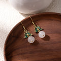 Green Flower and White Round Bead Gold Tone Hook Earrings view 2