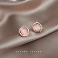 Rose Gold Pink Cat Eye Round Stud Clear CZ Halo Earrings view 1