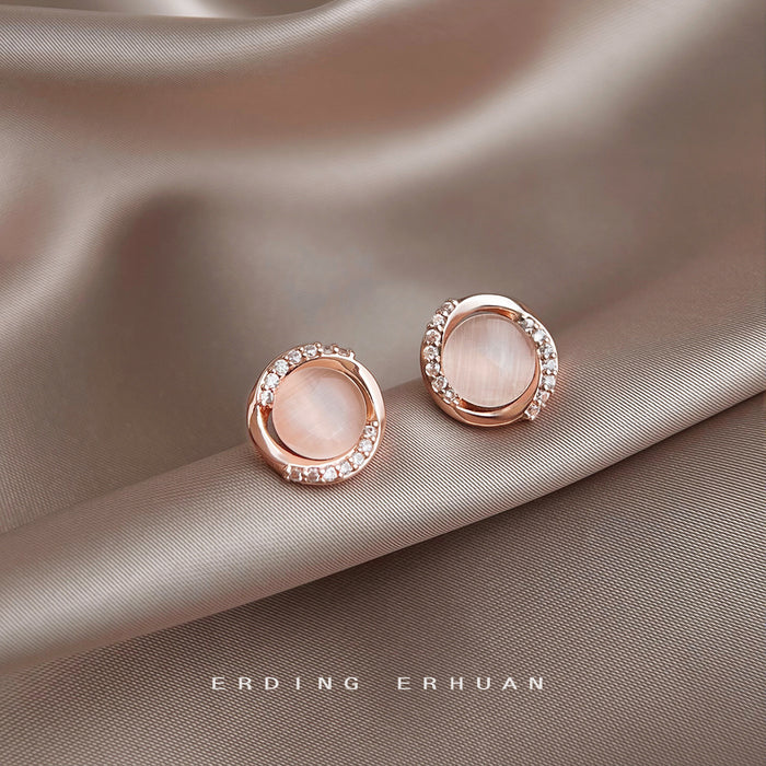 Rose Gold Pink Cat Eye Round Stud Clear CZ Halo Earrings