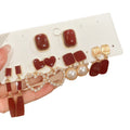 Gold Red Enamel Pearl Heart Geometric Stud Drop Earring Set view 5