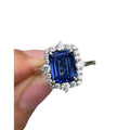 Deep Blue Rectangular Solitaire Floral Halo Ring Silver Tone view 5