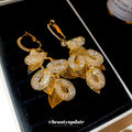 Gold Tone Leaf Cluster Hoop Drop Earrings With Crystal Accents view 4