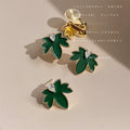 Dark Green Enamel Maple Leaf Earrings Gold Beaded Edge Crystal view 3