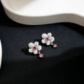 Silver Tone Flower Stud Earrings Pink Green Crystal Drops view 6