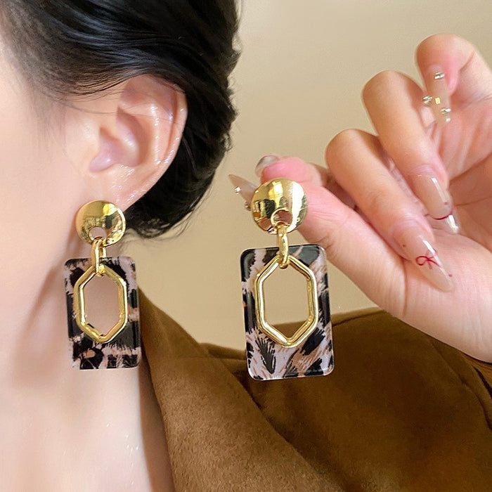 Leopard Print Geometric Resin Drop Earrings With Metal Details