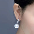 Silver Tone Pearl Ball Drop Hoop Earrings Polished Statement Fashion Jewelry view 3
