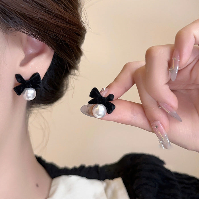 Black Velvet Butterfly Bow Stud Earrings With Pearl Centers