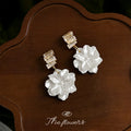 Baguette Crystal Top White Flower Camellia Drop Earrings view 1