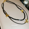 Black Beaded Double Strand Necklace With Gold Butterflies view 2