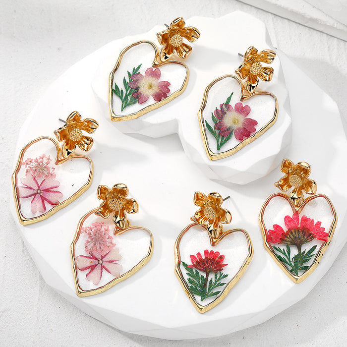 Gold Tone Heart Outline Pressed Flower Resin Drop Earrings