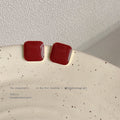 Wine Red Square Enamel Stud Earrings Gold-Tone Metal Frame view 4
