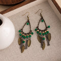 Green Bead and Leaf Antique Gold Chandelier Earrings view 2
