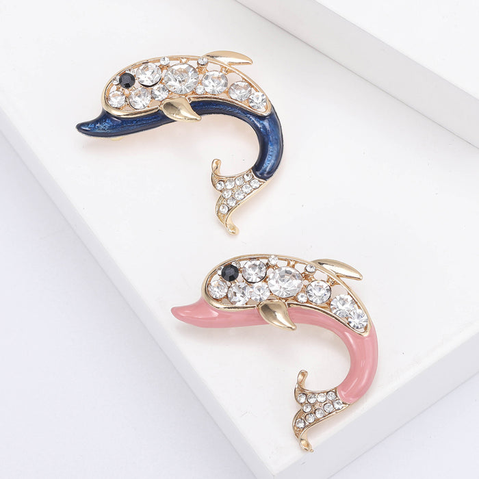 Enamel Crystal Dolphin Brooch Pink and Blue Gold Tone Metal