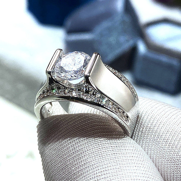 Silver Tone Wide Band Round Clear Stone Mens Ring Statement Jewelry