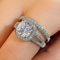 Silver Cushion Halo CZ Dual Stack Engagement Ring Set view 4
