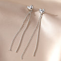 Silver Tone Heart Stud Double Chain Drop Earring Pair view 2