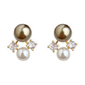 Gold Tone Coffee Pearl Cluster Stud Earrings Clear Crystals view 5