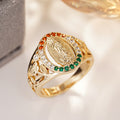 Religious Figure Multicolor Stone Signet Ring In Polished Gold Tone view 2