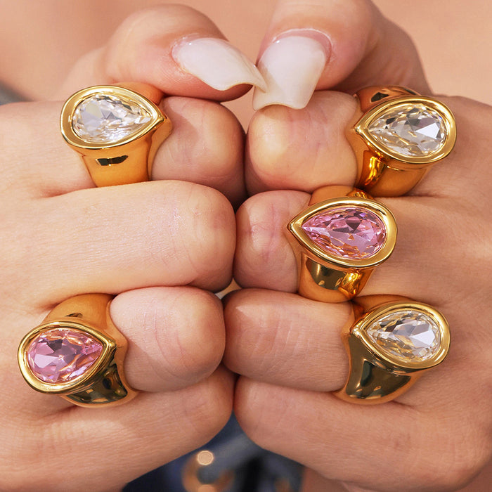 Chunky Teardrop Zircon Signet Rings Gold Steel Pink Clear