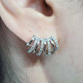 Silver Tone Curved Fan Clear Stone Stud Earrings Polished Metal Jewelry view 3