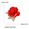 Sculpted Red Rose Brooch With Three Clear Crystal Leaves view 4