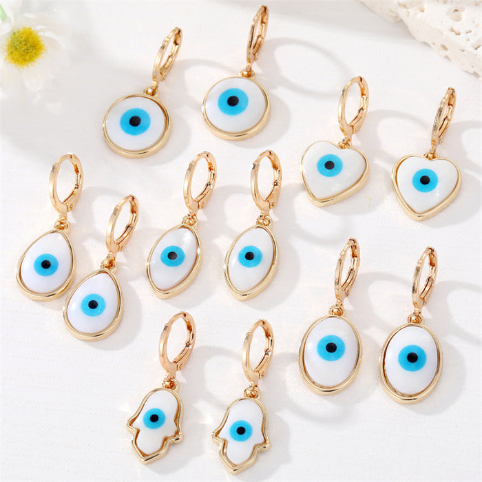 Gold Tone White Shell Round Heart and Hamsa Eye Huggie Earrings
