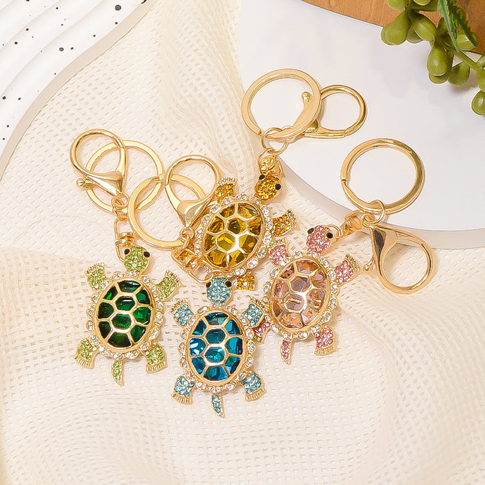 Rhinestone Turtle Keychain Gold Metal Crystal Shell Charm