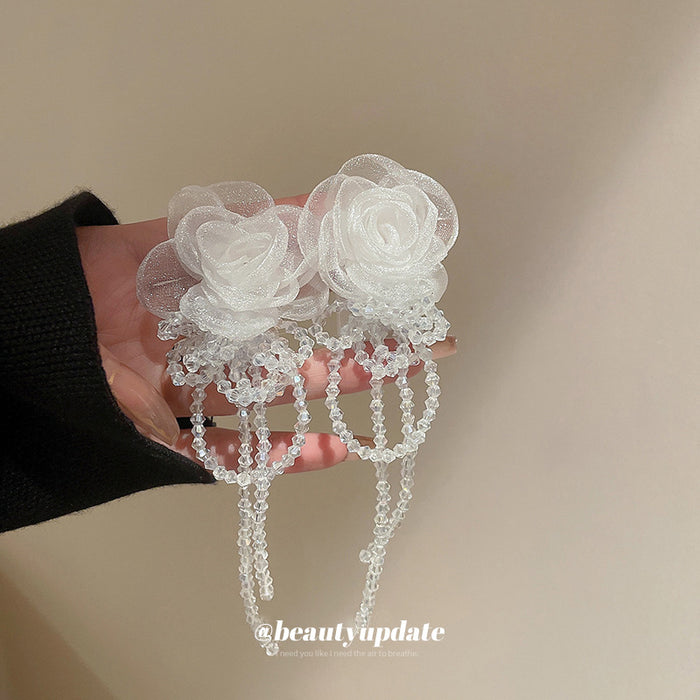 Organza Flower and Beaded Chain Drop Earrings in Two Colors