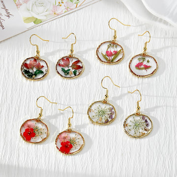Gold Tone Round Pressed Flower Drop Earrings in Four Designs