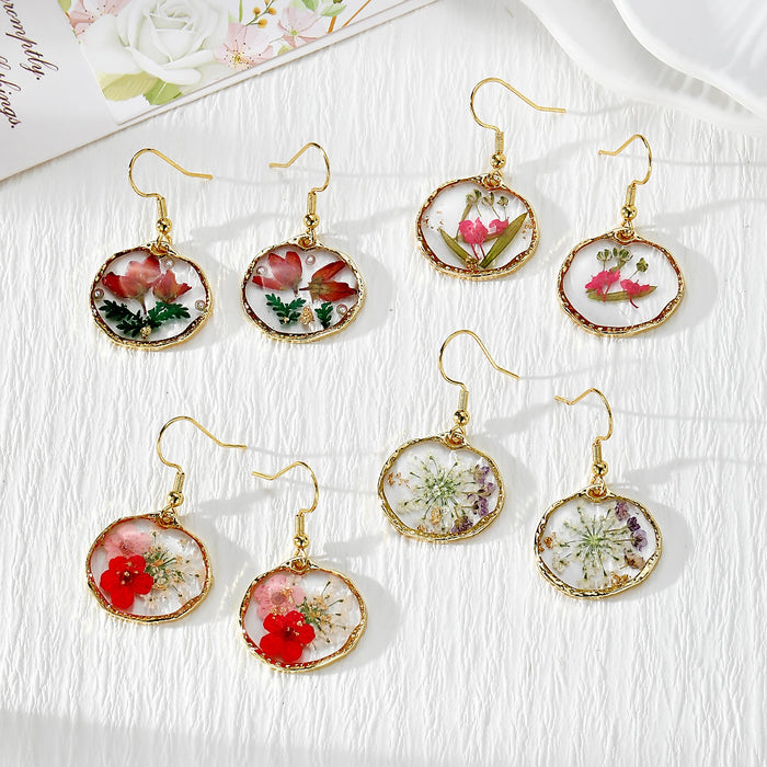 Gold Tone Round Pressed Flower Drop Earrings in Four Designs