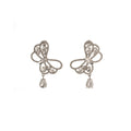 Double Butterfly Crystal Look Silver Tone Long Dangle Stud Earrings view 5