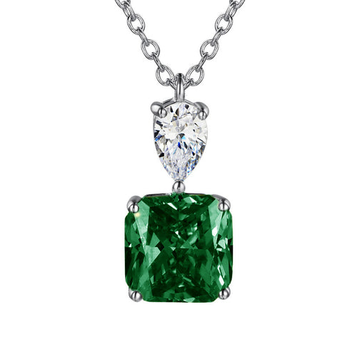 Green square cushion pendant with clear pear top on white background
