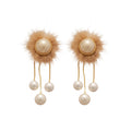 Fuzzy Pom Pom and Pearl Drop Earrings in Beige and White view 5