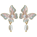 Pink Mint Enamel Butterfly Pearl Drop Stud Earrings view 5
