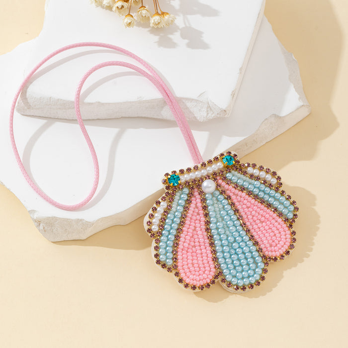 Beaded Rhinestone Scallop Shell Pendant Necklace Pink Mint