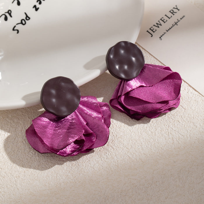 Fuchsia Fabric Petal Flower Black Round Stud Earrings