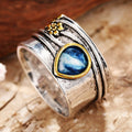 Silver Dual Tone Blue Teardrop Daisy Accent Band Ring view 2