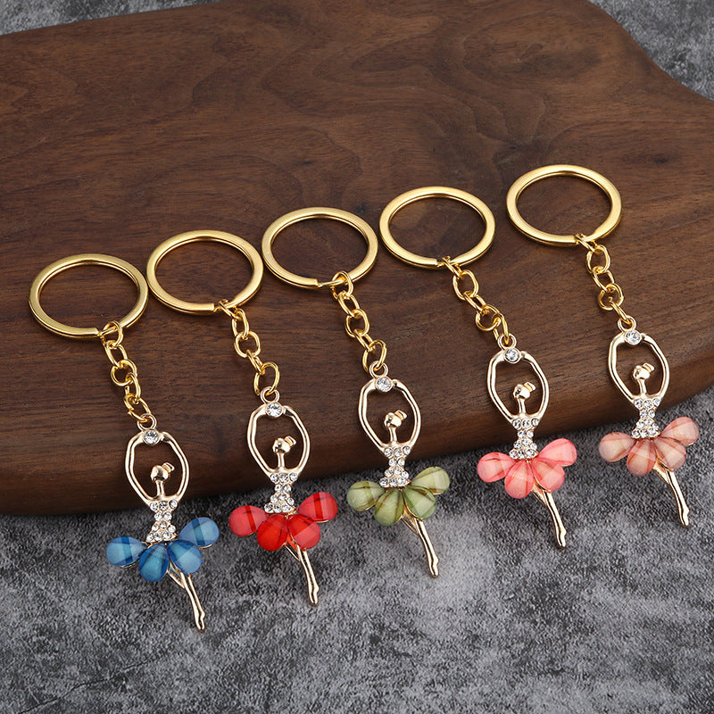 Crystal Ballet Girl Alloy Keychain with Pom Pom Pendant