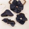 Navy Denim Hair Claw Clips Scrunchies Four Styles Brown Trim view 2