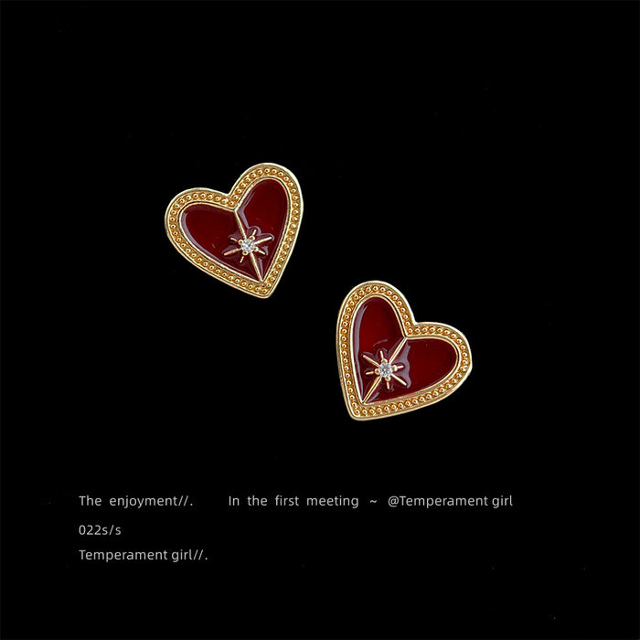 Wine Red Enamel Heart Stud Earrings Gold Beaded Border Star CZ