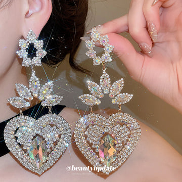 Crystal Heart and Flower Statement Drop Earrings With Leaf Details